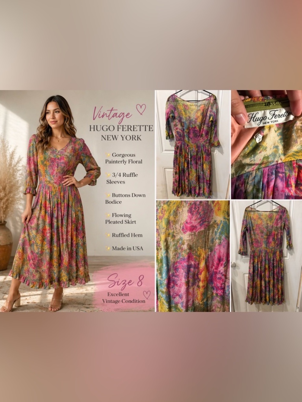 Vintage Floral Pleated Midi Dress - Painterly Pink & Yellow fairy boho